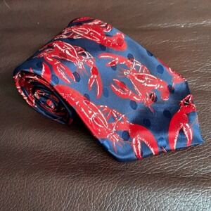 Renaissance Mens Handmade Lobster Print Silk Navy Blue Red Polka Dot Necktie Tie